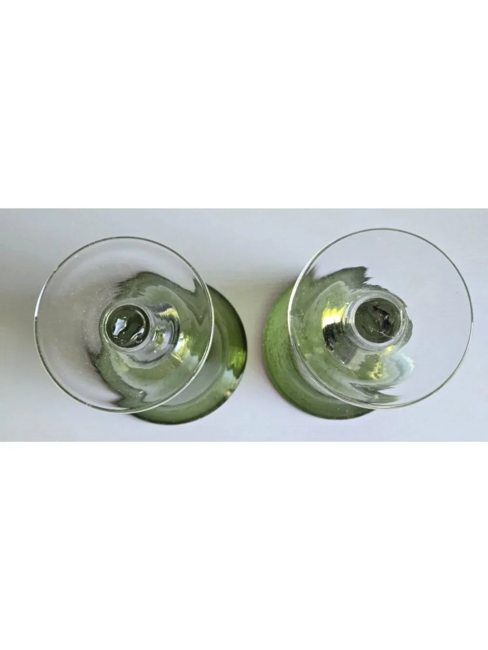 Two Hand-blown Sage Green Bubble Glass Water Goblets with a Thick Clear Stem
